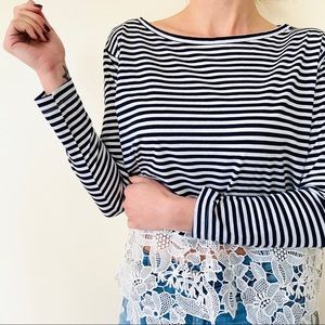 Denny Rose striped crochet lace long sleeve top